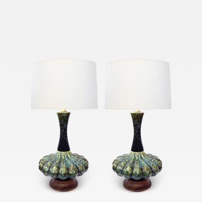 An Iconic Pair of Mid Century Green Mottled Glazed Globular Lamps