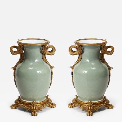 An Important Pair of French Ormolu Mounted Chinese Celadon Glazed Urns