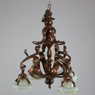 An Impressive Arts Crafts Copper Chandelier with Original Vaseline Shades