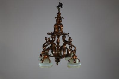 An Impressive Arts Crafts Copper Chandelier with Original Vaseline Shades