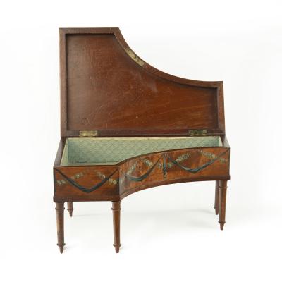 An Irish miniature satinwood piano sewing box painted by Herbert Cooper