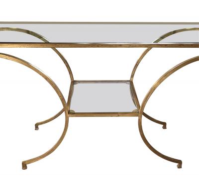 An Italian Greco Roman Style Gilt metal Console Table with Glass Top and Shelf