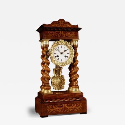 An Original Antique Rosewood and Lemon Wood Inlayed French Portico Clock