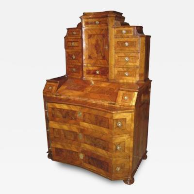 An Unusual Concave 18th Century German Walnut and Parquetry Bureau