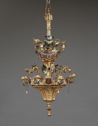 An Unusual Gilt Pastiglia And Polychrome Twelve Light Chandelier