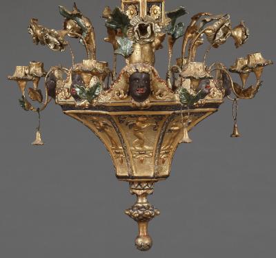 An Unusual Gilt Pastiglia And Polychrome Twelve Light Chandelier