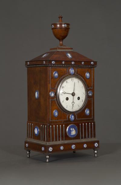 An Unusual Mahogany Steel And Wedgwood Mounted Mantel Clock