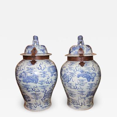 An Unusual Pair of 19th Century Chinese Export Hand Painted Porcelain Jars