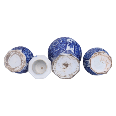 An early 18th century Dutch Delft Blue and White Garniture of Three Vases