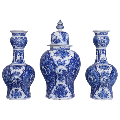 An early 18th century Dutch Delft Blue and White Garniture of Three Vases