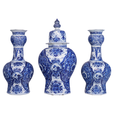 An early 18th century Dutch Delft Blue and White Garniture of Three Vases