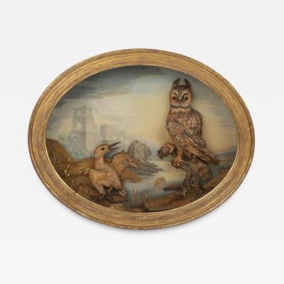 An exceptional straw work diorama of an owl and kingfisher