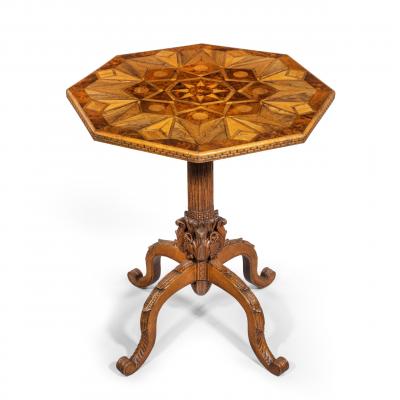 An octagonal indigenous specimen wood marquetry table