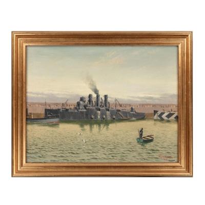 An oil on canvas by R G Thurgood HM Cruiser Vindictive April 1918