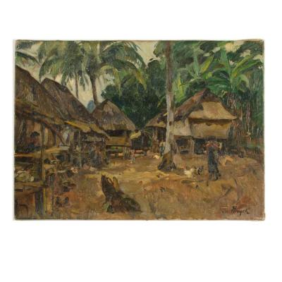 An oil on canvas painting of a Polynesian village early 20th century 