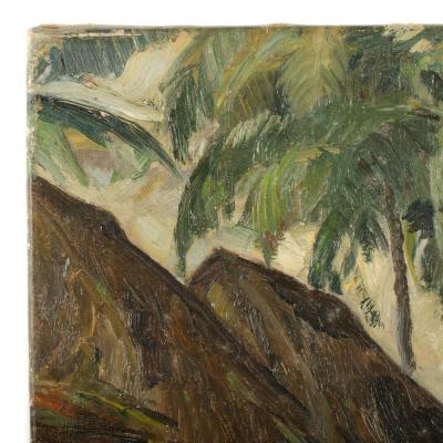 An oil on canvas painting of a Polynesian village early 20th century 