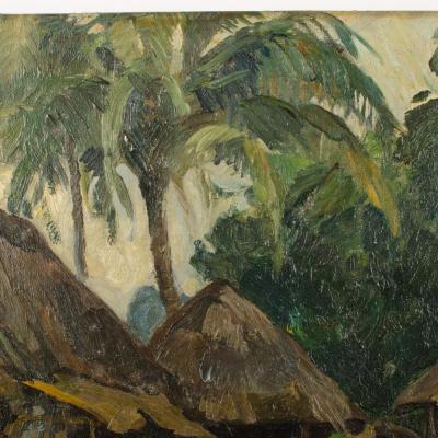 An oil on canvas painting of a Polynesian village early 20th century 