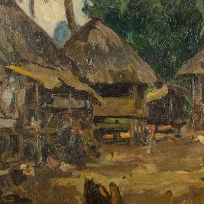 An oil on canvas painting of a Polynesian village early 20th century 