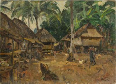 An oil on canvas painting of a Polynesian village early 20th century 