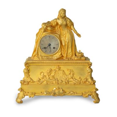 An ormolu mantel clock with Queen Victoria in medieval dress by Monroux 1832