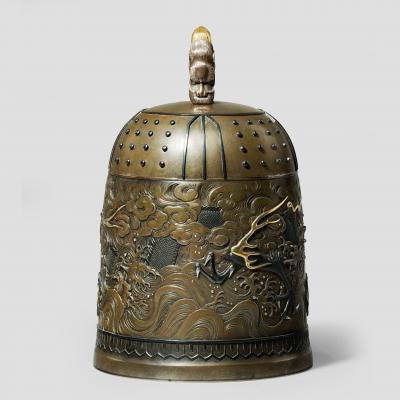 An outstanding Meiji period mixed metal bell casket