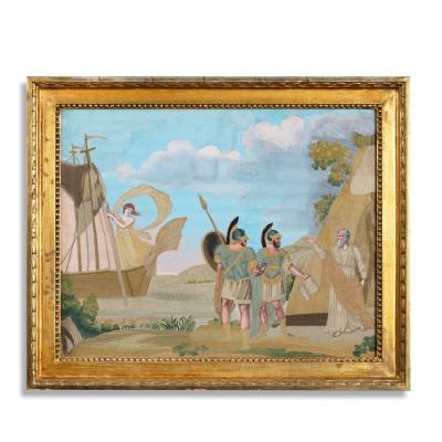 An unusual pair of Italian silk embroidery and gouache painted paper pictures