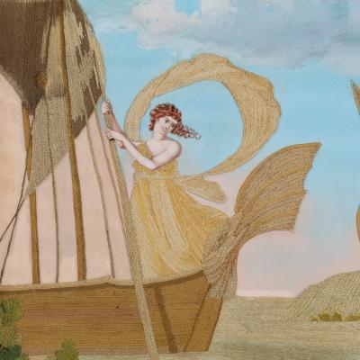 An unusual pair of Italian silk embroidery and gouache painted paper pictures