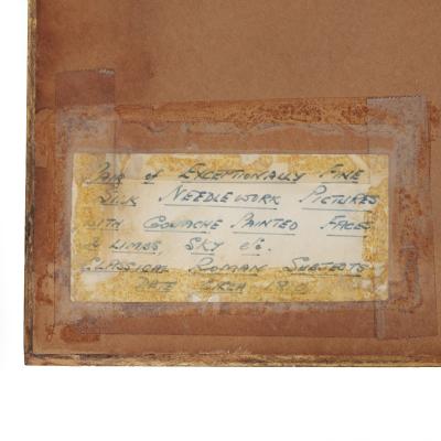 An unusual pair of Italian silk embroidery and gouache painted paper pictures