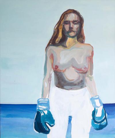 Anast na Eyj lfsd ttir Ta meg i mot Figurative Oil Painting toppless woman with blue boxing gloves