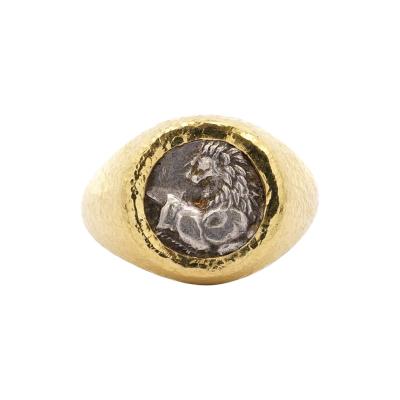 Ancient Greek Lion Hemidrachm 400 BC In 20K Gold with Hammered Finish Mens Ring