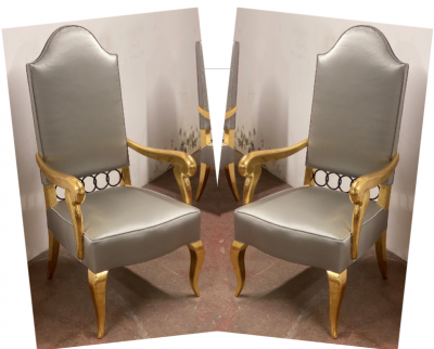 Andr Arbus Andre Arbus attributed majestic pair of gold leaf chairs covered in silk satin