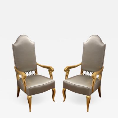 Andr Arbus Andre Arbus attributed majestic pair of gold leaf chairs covered in silk satin