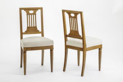 Andr Arbus Andre Arbus style Neo classical pair of oak chairs covered in raw silk canvas