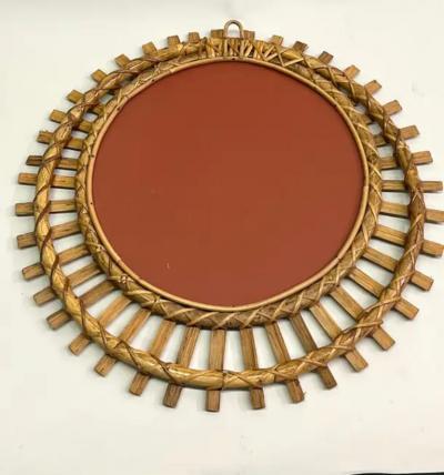 Andr Arbus French Mid Century Modern Neoclassical Bamboo and Rattan Sunburst Mirror Arbus