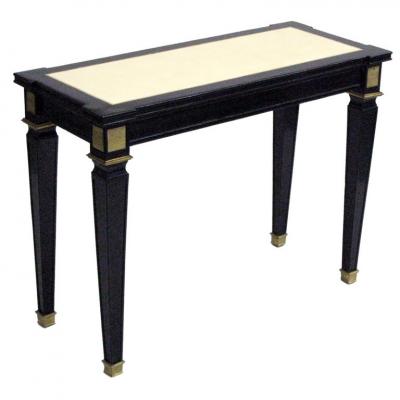 Andr Arbus French Modern Neoclassical Black Lacquer Leather Console Att Andre Arbus 1940