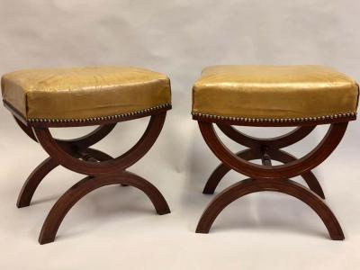 Andr Arbus French Modern Neoclassical Mahogany Leather Benches Stools Andre Arbus Pair