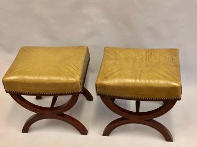 Andr Arbus French Modern Neoclassical Mahogany Leather Benches Stools Andre Arbus Pair