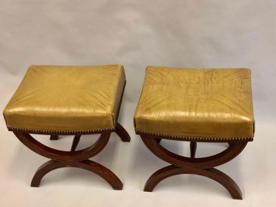 Andr Arbus French Modern Neoclassical Mahogany Leather Benches Stools Andre Arbus Pair
