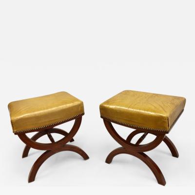 Andr Arbus French Modern Neoclassical Mahogany Leather Benches Stools Andre Arbus Pair