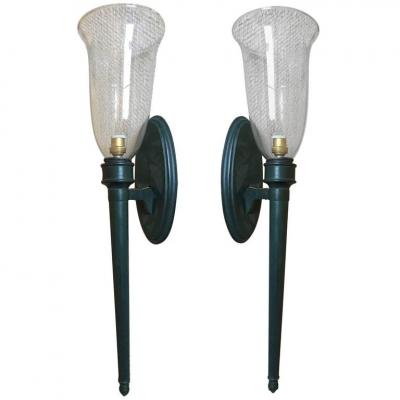 Andr Arbus Pair of Chic 1940s Sconces with a Green Antic Patina in the Style of Andre Arbus