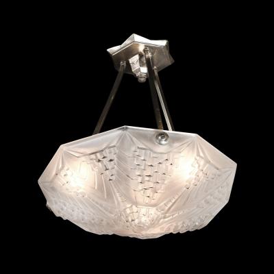 Andr Nuet Art Deco Skyscraper Style Frosted Glass Pendant signed Andr Nuet for Schneider