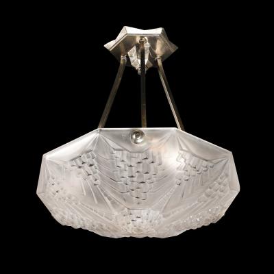 Andr Nuet Art Deco Skyscraper Style Frosted Glass Pendant signed Andr Nuet for Schneider