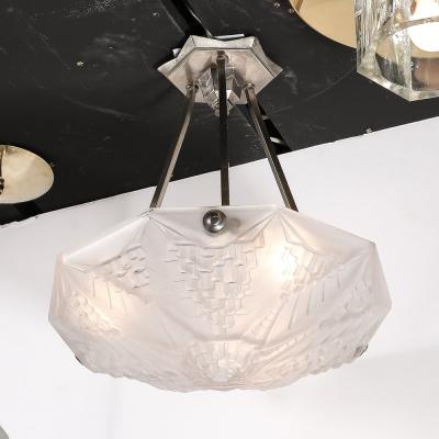 Andr Nuet Art Deco Skyscraper Style Frosted Glass Pendant signed Andr Nuet for Schneider