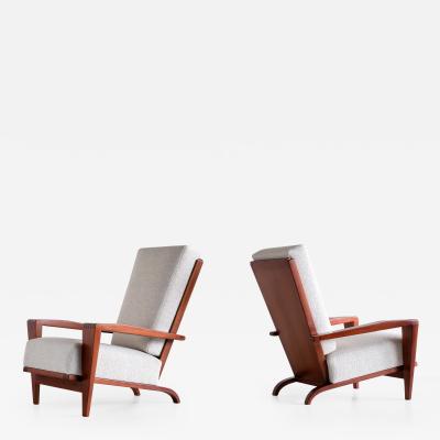 Andr Sornay Pair of Andr Sornay Armchairs in Sapele Mahogany and Boucl France 1950s