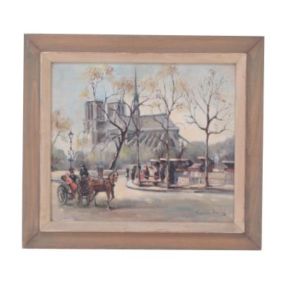Andre Michel French B 1945 Notre Dame de Paris Cathedral oil on masonite 