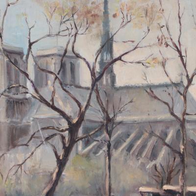 Andre Michel French B 1945 Notre Dame de Paris Cathedral oil on masonite 