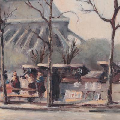 Andre Michel French B 1945 Notre Dame de Paris Cathedral oil on masonite 