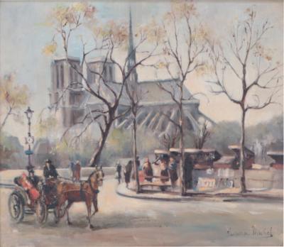 Andre Michel French B 1945 Notre Dame de Paris Cathedral oil on masonite 