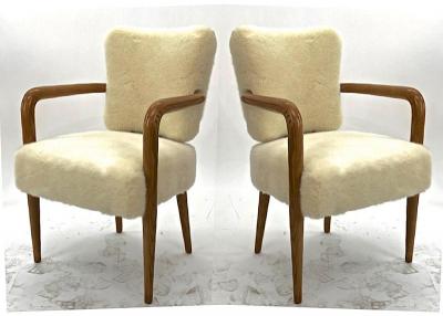 Andre Renou Jean Pierre Genisset Renou et Genisset pair of ash tree arm chair covered in raw white faux fur
