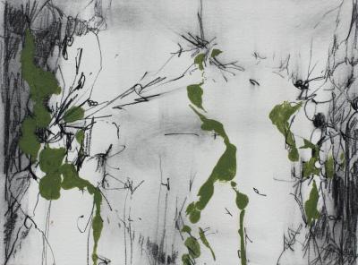 Andrei Petrov Safe Flight Ink and Watercolor Abstract Painting With Green and Gray Colors